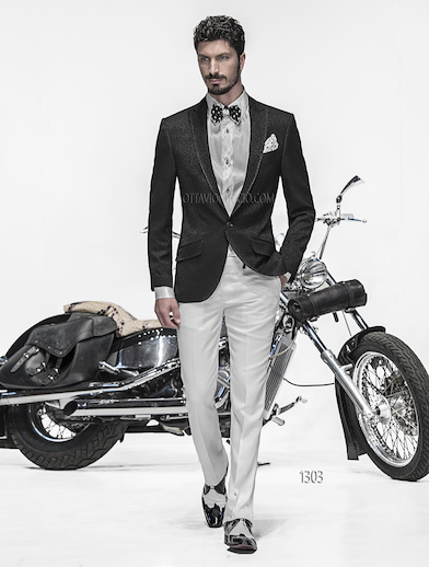 ONGala 1303 - Traje de novio italiano con chaqueta jacquard negro