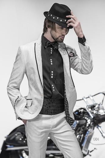 ONGala 1304 - Trajes de novio italianos con chaqueta adamascado blanco