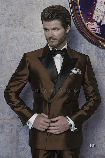 ONGala 1311 - Trajes de novio modelo cruzado shantung marrón