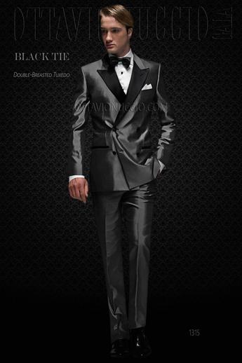 ONGala 1315 - Traje para novio modelo cruzado shantung gris claro