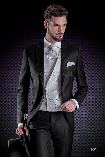 ONGala 1321 - Traje italiano de novio negro con chaleco cruzado blanco