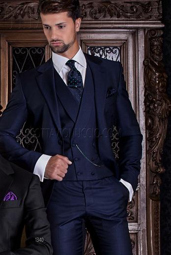 ONGala 1340 - Traje clásico de novio azul con chaleco cruzado de lana