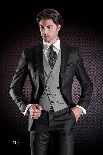 ONGala 1343 - Traje de novio clásico negro con chaleco cruzado pata de gallo