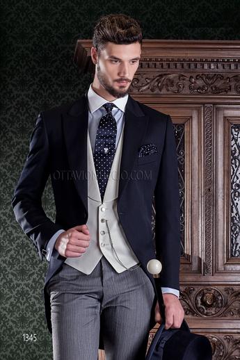 ONGala 1345 - Traje de novio chaqueta azul mixto lana y pantalón gris de lana