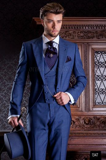 ONGala 1347 - Traje de novio azul príncipe de gales con chaleco cruzado
