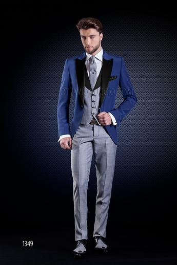 ONGala 1349 - Traje de novio azul eléctrico con pantalón y chaleco príncipe de gales