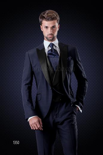ONGala 1350 - Traje de novio azul oscuro solapa a contraste con chaleco cruzado