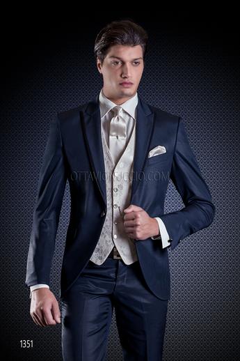 ONGala 1351 - Traje azul de novio con chaleco damascado blanco