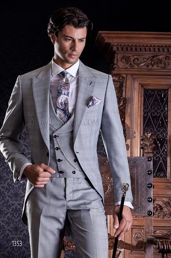 ONGala 1353 - Traje de novio gris claro príncipe de gales con chaleco cruzado