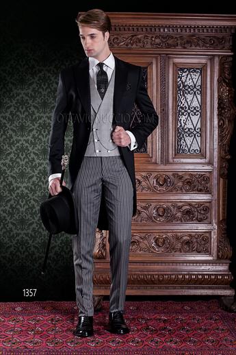 ONGala 1357 - Chaqué negro, pantalón de rayas y chaleco cruzado príncipe de gales