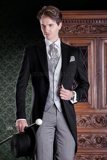 ONGala 1359 - Traje de novio chaqué negro, pantalón de rayas y chaleco cruzado gris