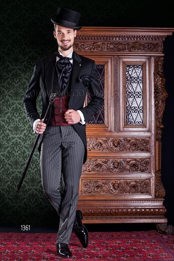 ONGala 1361 - Traje de novio chaqué negro, pantalón de rayas y chaleco cruzado damascado rojo