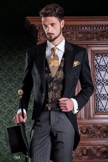 ONGala 1364 - Chaqué con chaqueta negra, pantalón de rayas y chaleco cruzado damascado negro y oro