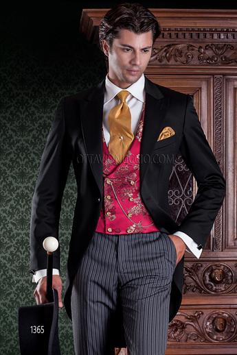 ONGala 1365 - Chaqué con chaqueta negra, pantalón de rayas y chaleco cruzado damascado rojo y oro