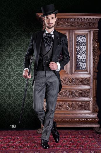 ONGala 1367 - Chaqué con levita negra de lana, pantalón de rayas y chaleco negro cruzado