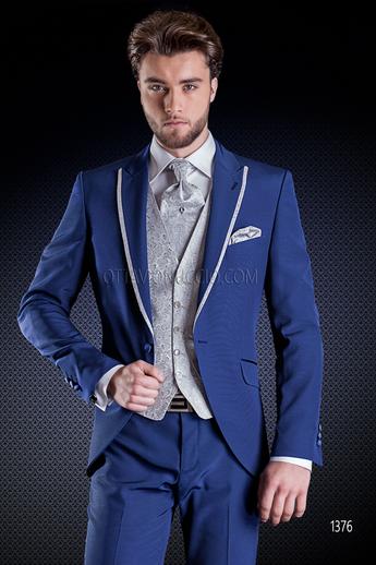 ONGala 1376 - Traje de novio azul eléctrico con chaleco damascado gris perla