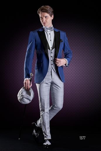 ONGala 1377 - Traje de novio azul eléctrico con chaleco y pantalón príncipe de gales gris
