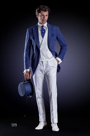 ONGala 1379 - Traje de novio moderno azul eléctrico, pantalón y chaleco blanco