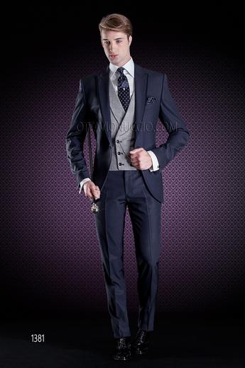 ONGala 1381 - Traje para ceremonia hombre azul con chaleco cruzado gris príncipe de gales