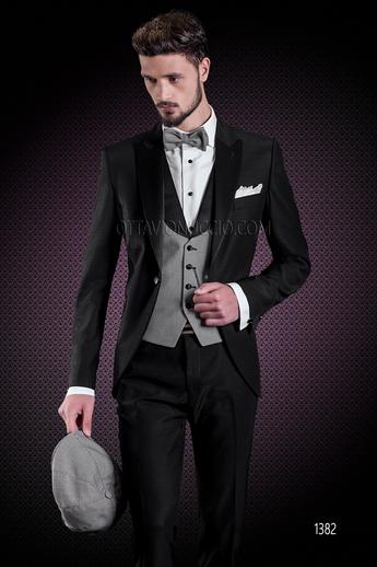 ONGala 1382 - Traje de novio negro solapa de raso con chaleco solapa chal pata de gallo
