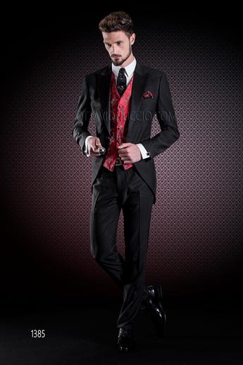 ONGala 1385 - Traje de novio negro solapas de raso con chaleco de seda rojo
