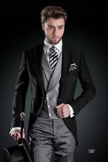 ONGala 1387 - Traje de novio chaqueta negra con pantalón y chaleco cruzado gris