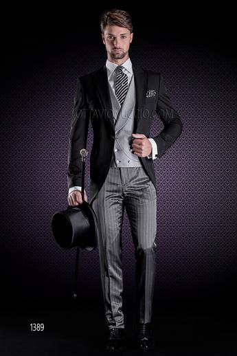 ONGala 1389 - Traje de novio chaqueta negra, pantalón gris y chaleco cruzado gris perla