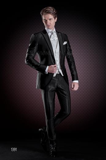 ONGala 1391 - Traje de novio negro con chaleco damascado gris perla