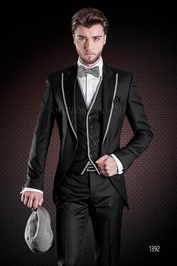 ONGala 1392 - Traje de novio negro en pura lana con vivos pata de gallo