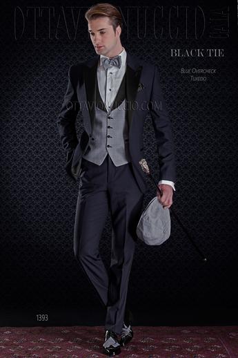 ONGala 1393 - Traje de novio azul solapa negra con chaleco gris príncipe de gales