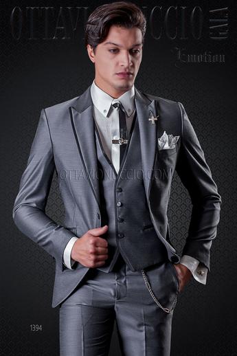 ONGala 1394 - Traje de novio gris mixto lana con vivos negros a contraste