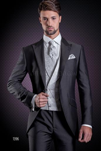 ONGala 1396 - Traje de novio italiano gris oscuro chaleco cruzado gris perla