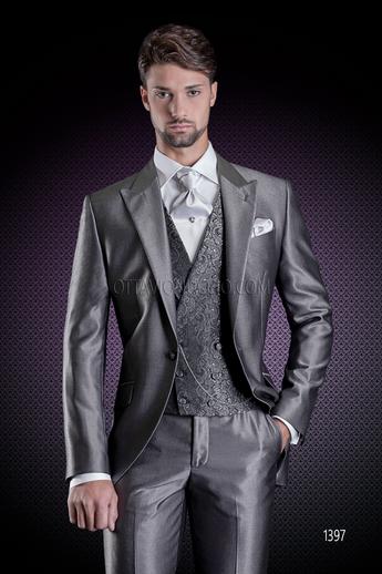 ONGala 1397 - Traje de novio gris chaleco damascado cruzado gris oscuro