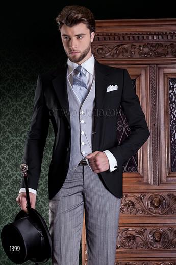 ONGala 1399 - Traje de novio moderno negro pantalón de rayas y chaleco gris