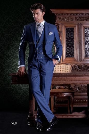 ONGala 1400 - Traje italianos azul eléctrico con chaleco cruzado solapa chal