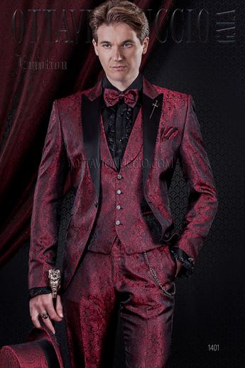 ONGala 1401 - Traje de novio damascado rojo con solapa de raso y chaleco al tono