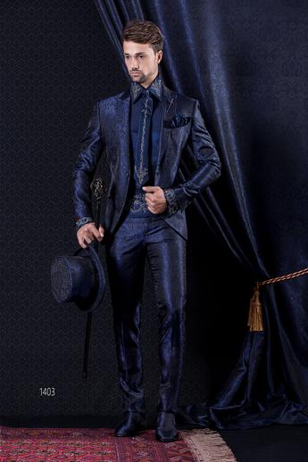 ONGala 1403 - Traje de novio barroco azul damascado chaqueta slim