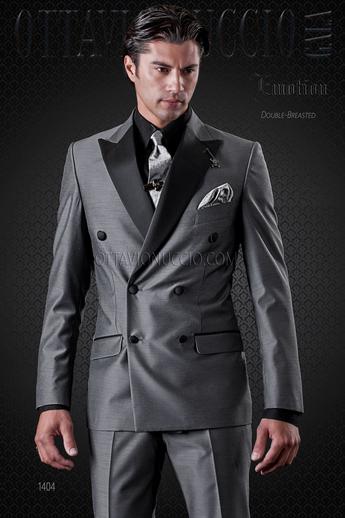 ONGala 1404 - Traje cruzado gris mixto lana con solapa negra