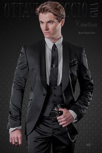 ONGala 1407 - Traje de novio negro microdiseño al tono solapa chal de raso
