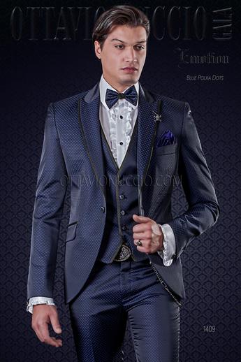 ONGala 1409 - Traje de novio azul en jacquard con vivos de raso negro