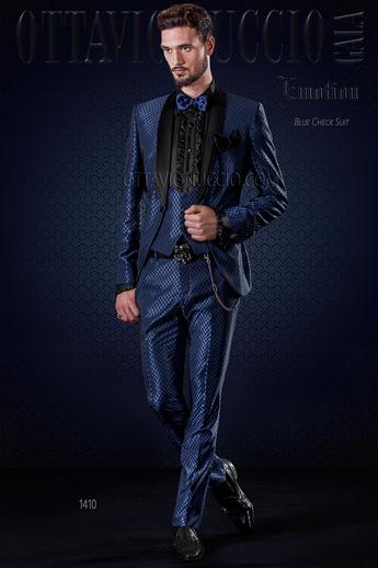 ONGala 1410 - Traje de novio azul microdiseño con solapa chal de raso