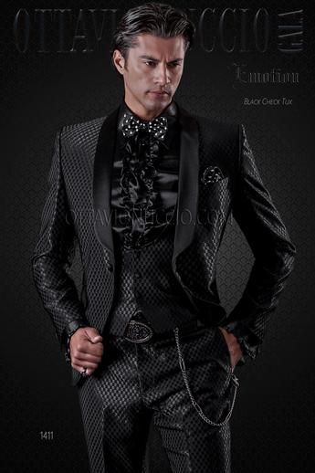 ONGala 1411 - Traje de novio negro cruadro con solapa chal de raso