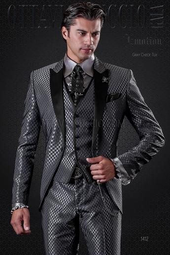 ONGala 1412 - Traje de novio gris microdiseño solapa chal de raso