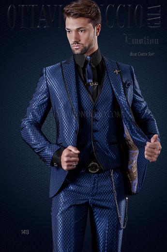 ONGala 1413 - Traje de novio azul con cuello de raso a contraste