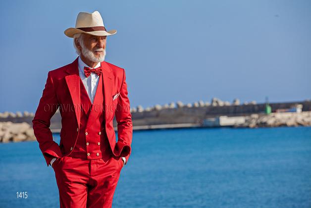 ONGala 1415 - Traje de novio de algodón rojo con chaleco cruzado a juego