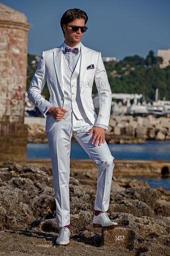 ONGala 1417 - Traje de novio blanco de algodón con chaleco al tono