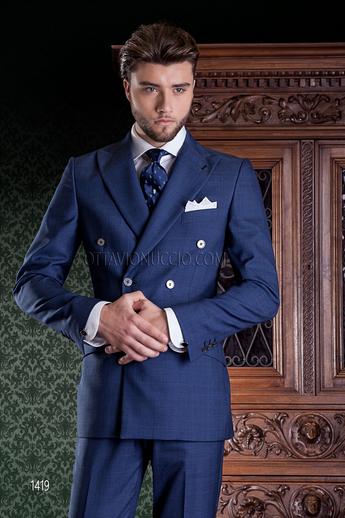 ONGala 1419 - Traje cruzado azul príncipe de gales para novios modernos