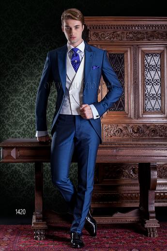 ONGala 1420 - Traje de novio moderno azul marino con chaleco cruzado