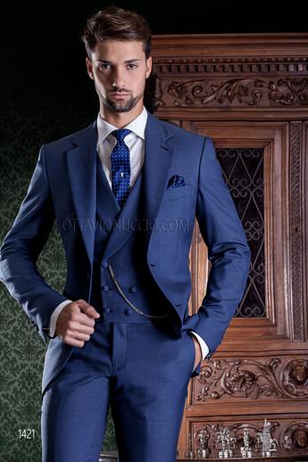 ONGala 1421 - Traje de novio azul marino con chaleco cruzado