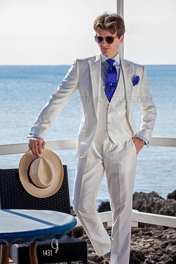ONGala 1431 - Traje de novio blanco shantung de seda con chaleco a juego